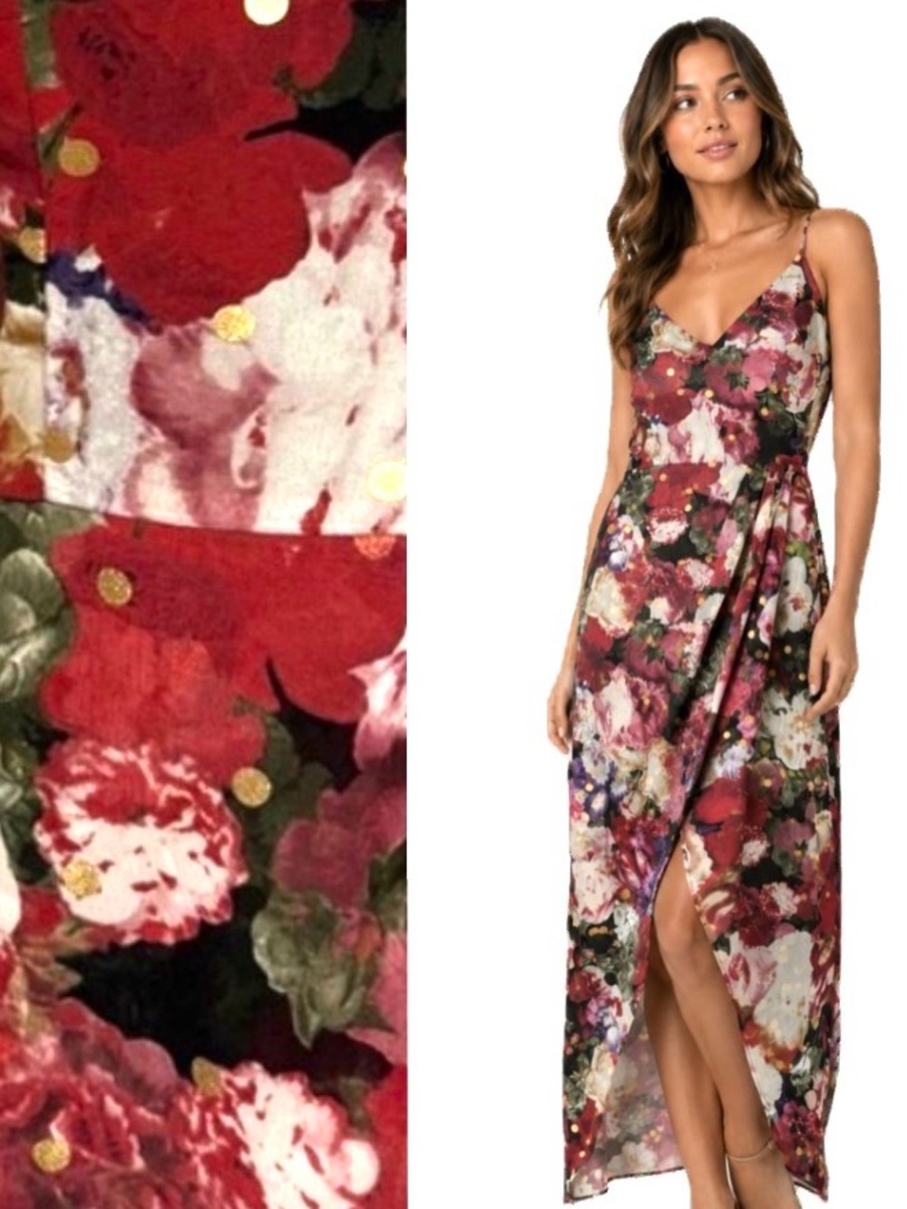 Express, Floral Wrap Maxi Dress Gold Polka Dot Spaghetti Strap, Size M